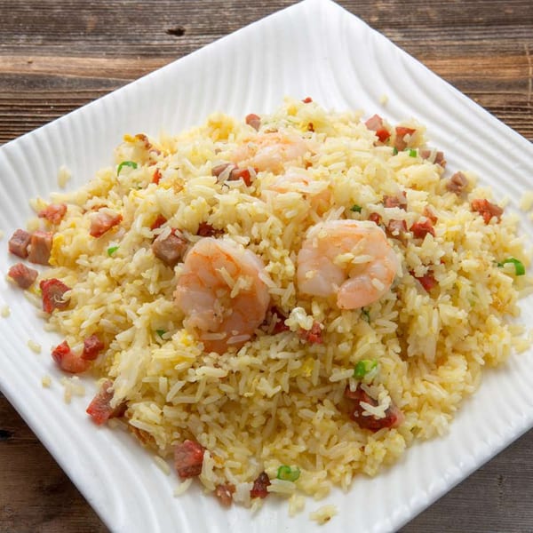 Delicious Food Corner's shrimp fried rice with pork and green onions on a white plate.