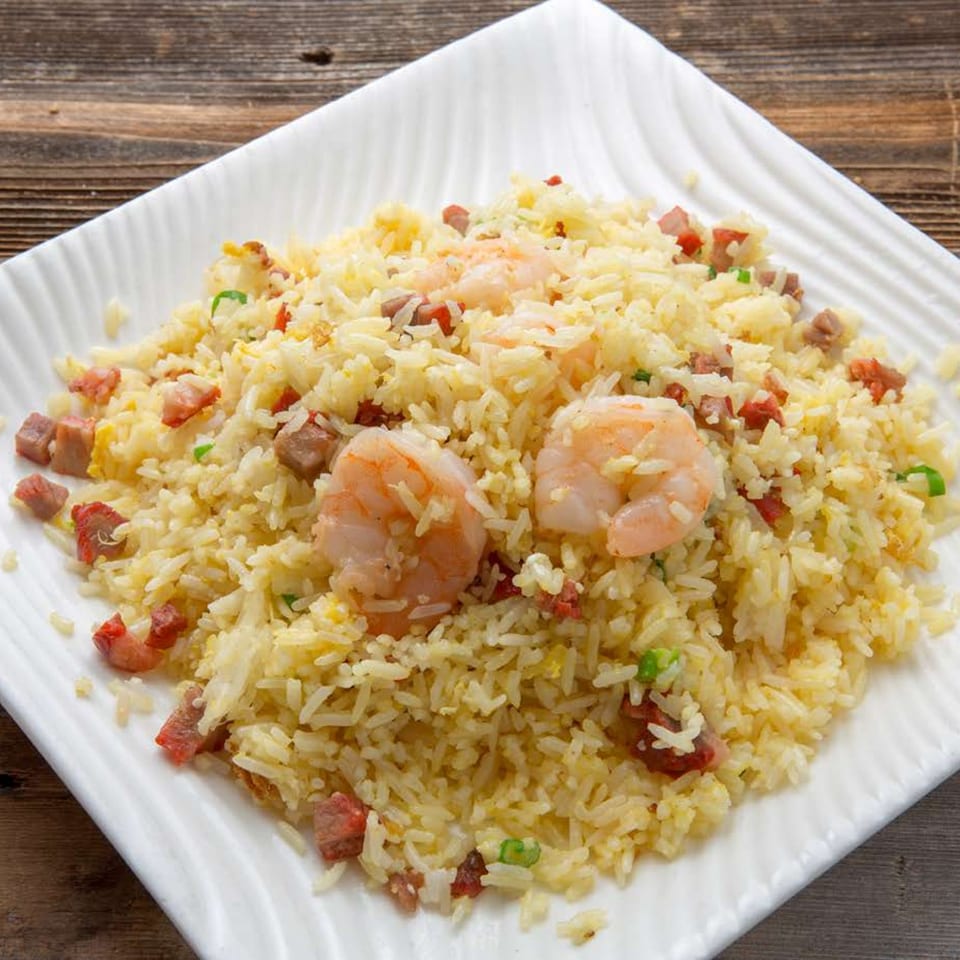 Delicious Food Corner's shrimp fried rice with pork and green onions on a white plate.
